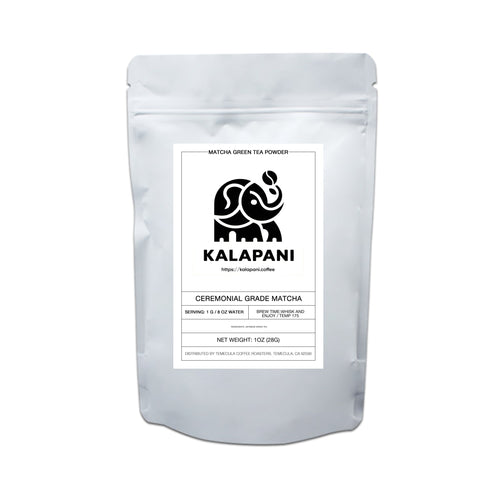 White pouch packaging for Kalapani Coffee matcha green tea powder